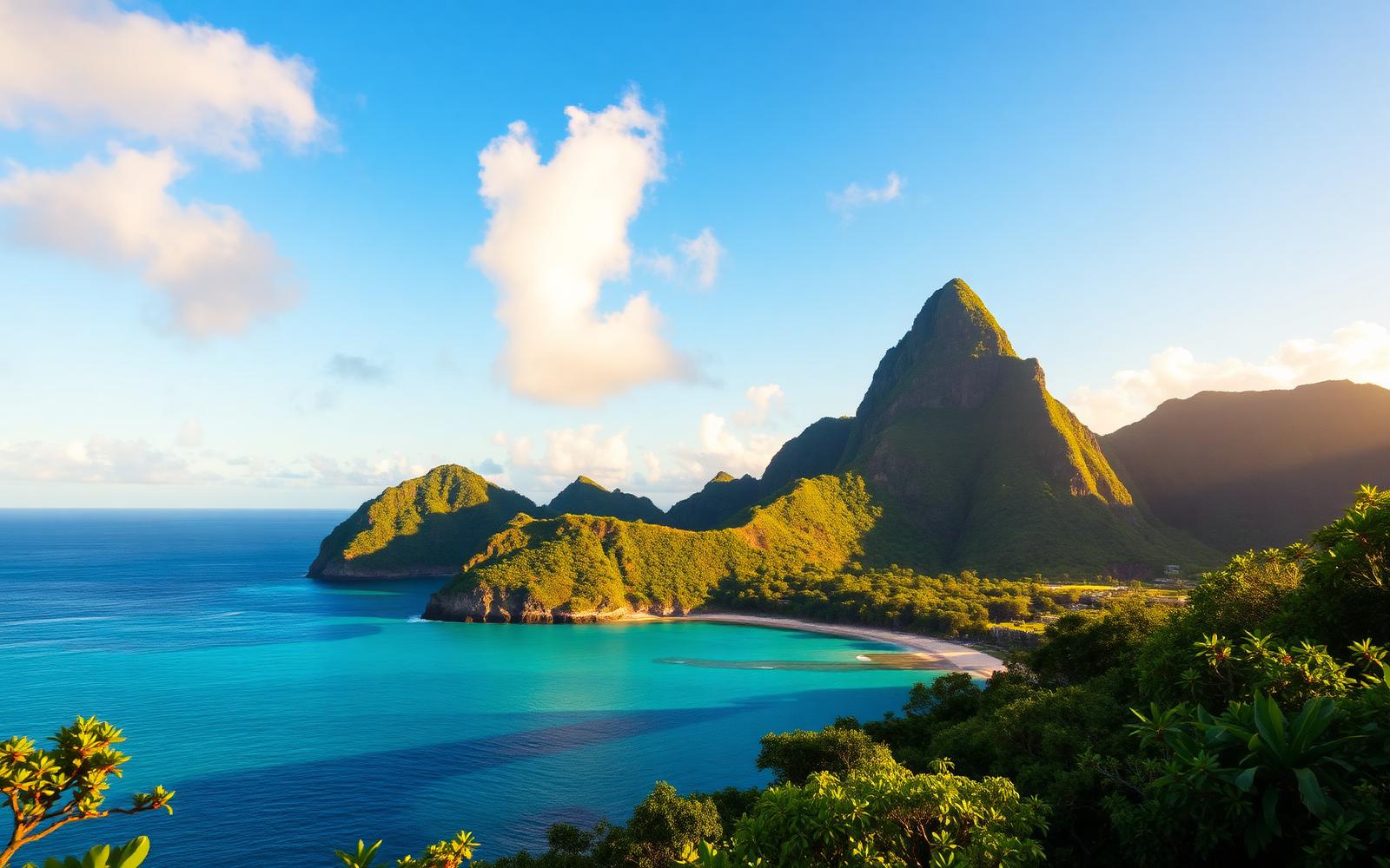 The Pitons rising above the Caribbean Sea in St. Lucia